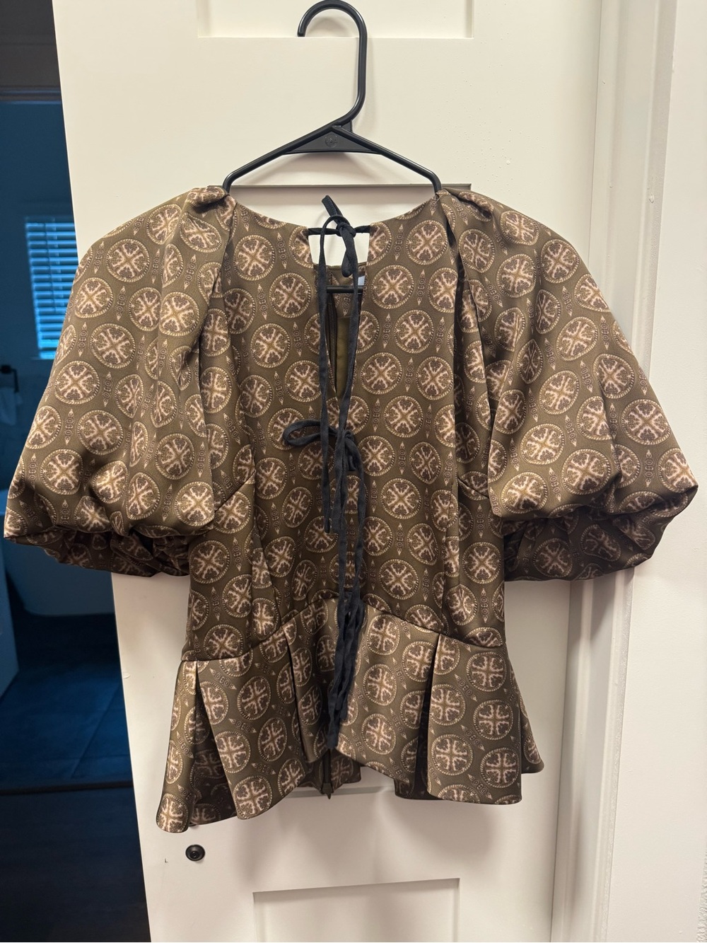 ANTONIO MELANI Brown Patterned Peplum Puff-Sleeve Top